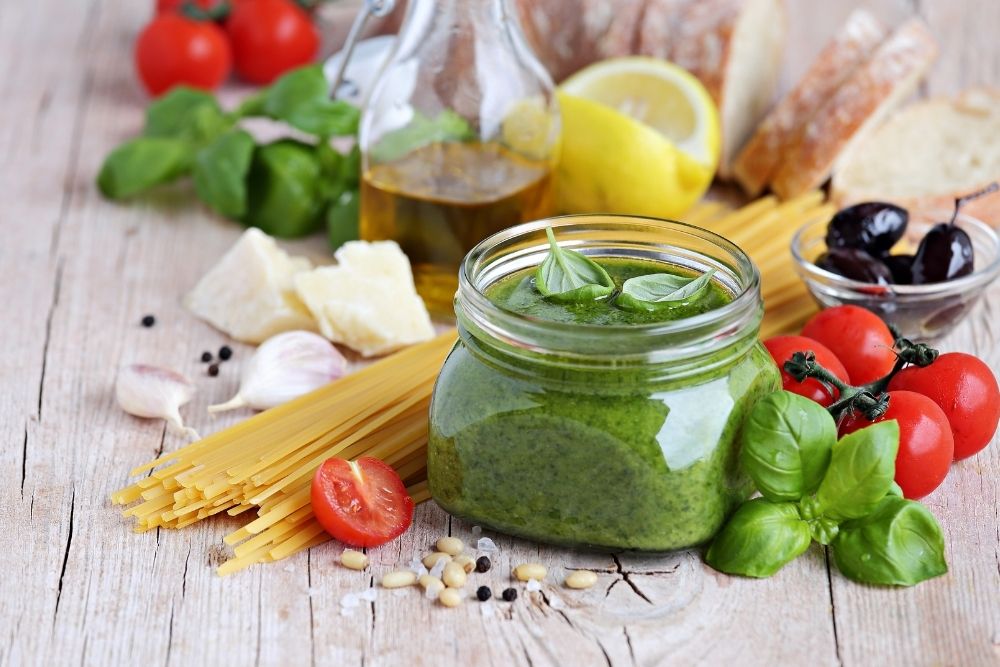 pesto leaves, pesto pureed, pasta, tomatoes, lemon and other recipe ingredients