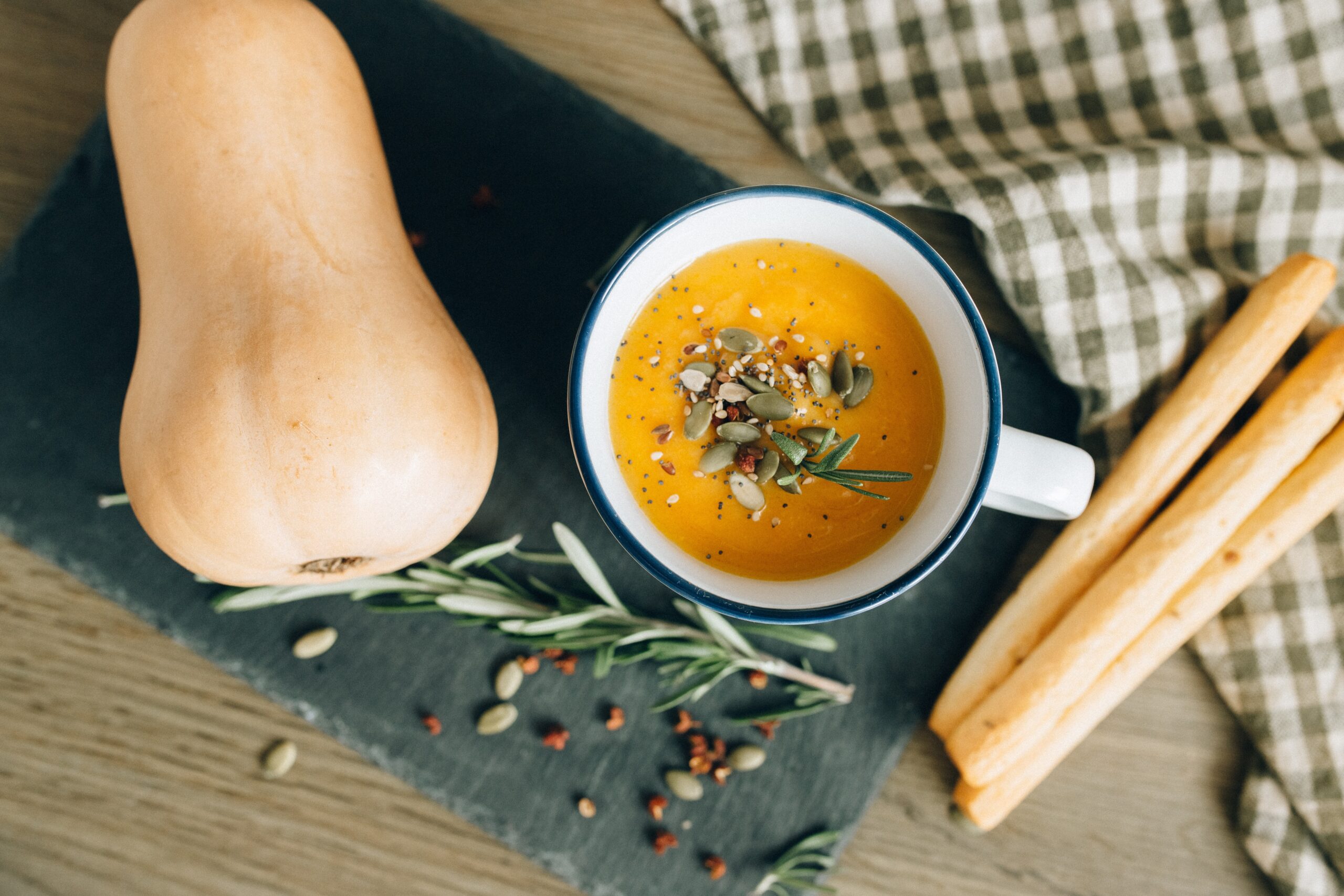 butternut squash whole and in soup with breadsticks