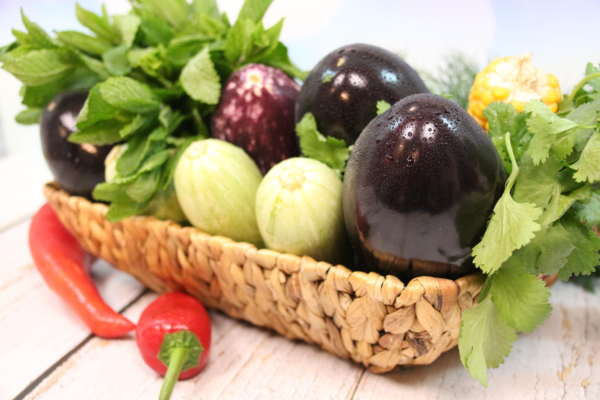 eggplant and veggies in a basket