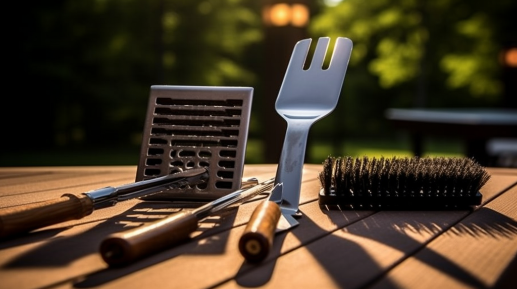 A close-up photograph of grill cleaning tools specifically designed for cleaning a Traeger wood pellet grill. The image should showcase the various tools used to maintain the grill's cleanliness and functionality, and be set in a beautiful daylight environment.. Include a grill brush with stiff bristles, a scraper for removing stubborn residue, and a grill grate cleaner for thorough cleaning. The tools should be of high quality and reflect durability. Emphasize their ergonomic design, featuring comfortable handles for easy grip and maneuverability. The photograph should highlight the intricate details of the tools, showcasing their craftsmanship and functionality. The lighting should be well-balanced, allowing the viewer to appreciate the textures and materials used in the construction of the cleaning tools. Aim for a hyper-realistic style, ensuring a high level of detail and a 16k resolution to capture every aspect with precision. Utilize a macro lens to capture the close-up details of the cleaning tools.
