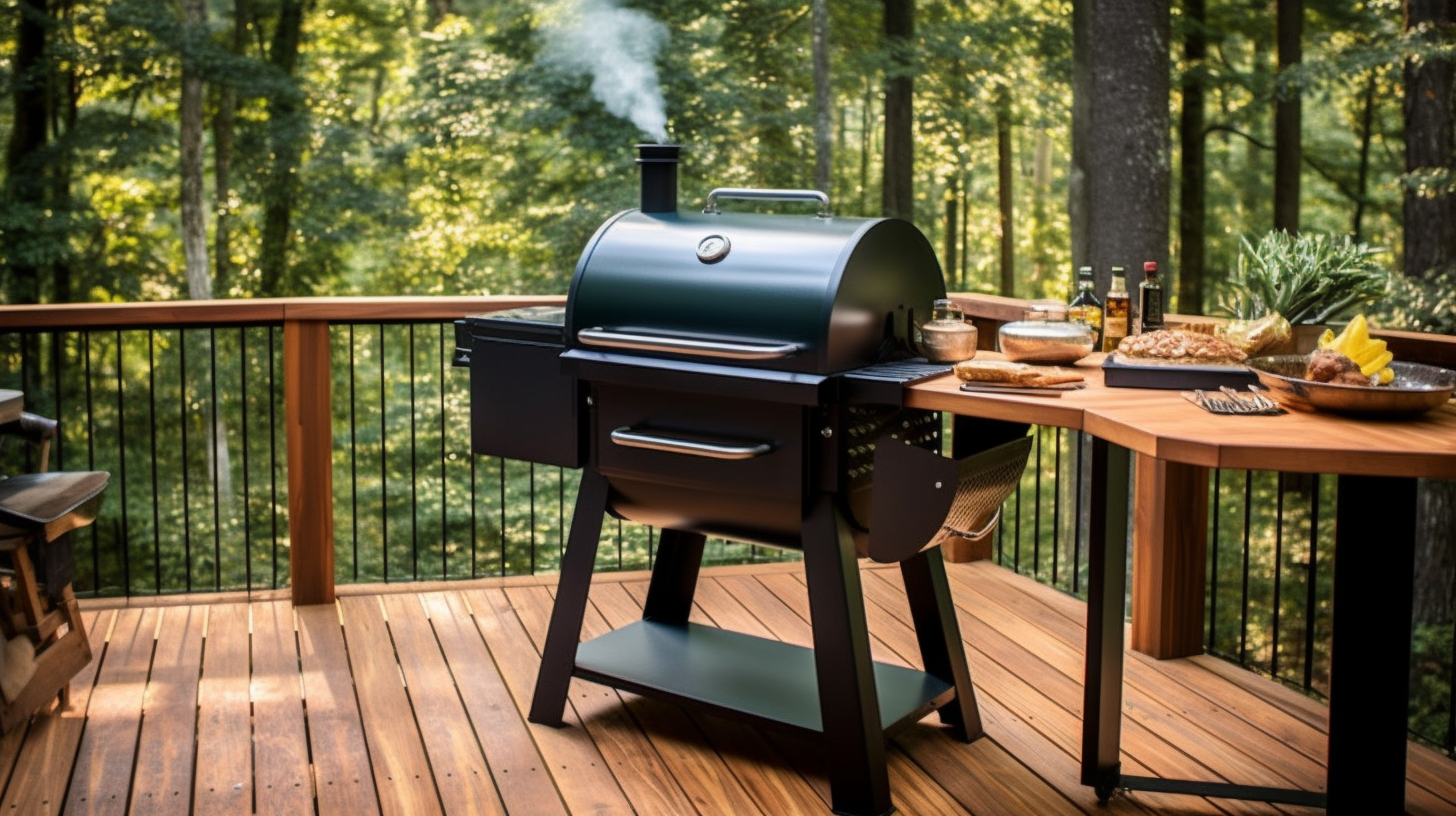 outdoor cooking area, the focal point of which is a Traeger wood pellet grill. The grill, true to Traeger's design, has a barrel shape, a side hopper for wood pellets, and a digital controller for temperature precision. It's made of durable steel with a powder-coated finish, giving it a robust and elegant appearance. The grill is placed on a stone patio, surrounded by a well-maintained garden with vibrant flowers and lush greenery. The setting sun casts a warm, golden hue over the scene, enhancing the inviting atmosphere. The grill is active, with a thin stream of smoke rising from it, indicating a meal in progress. The image should be hyper-realistic, highly detailed, and in high-resolution 16k. Use a high-end DSLR with a wide-angle lens to capture the entire scene, with a low angle shot to emphasize the grill's prominence.